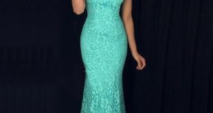 Mermaid High Neck Sweep Train Turquoise Sleeveless Lace Prom Dress .