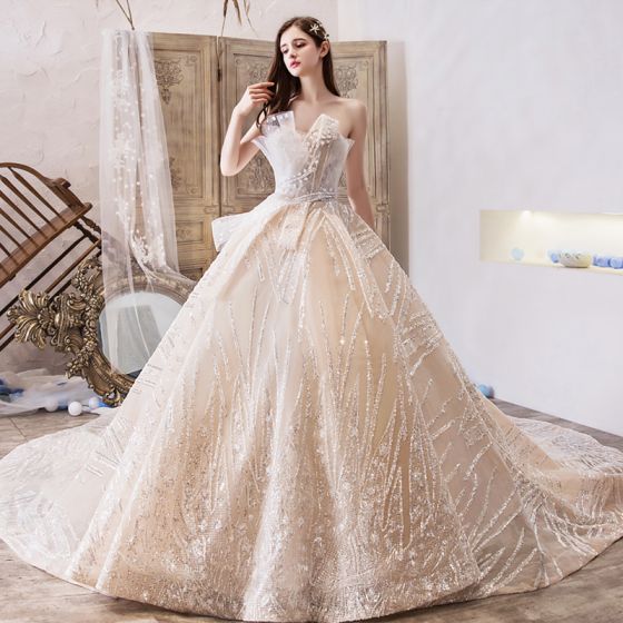 Bling Bling Champagne Wedding Dresses 2019 A-Line / Princess .