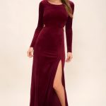 Sexy Burgundy Dress - Maxi Dress - Velvet Dress - Long Sleeve .