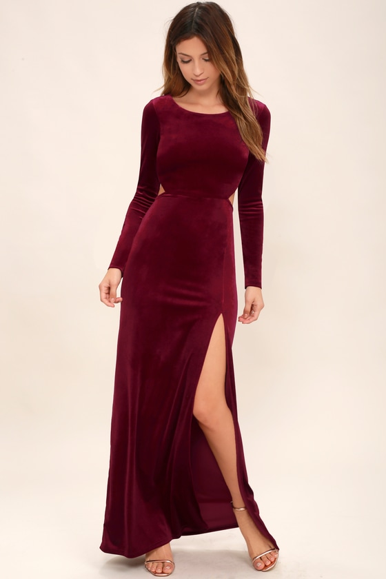 Sexy Burgundy Dress - Maxi Dress - Velvet Dress - Long Sleeve .