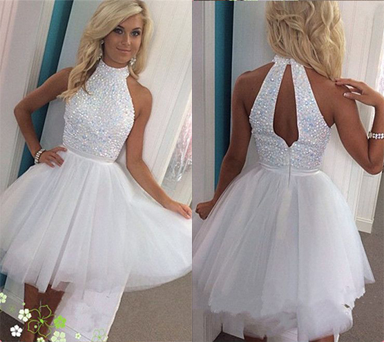 W394 White Tulle Beading Homecoming Dresses,White Party Dresses .