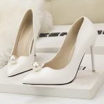 White Pearl Leather Point Toe High Heels Pumps - Heels