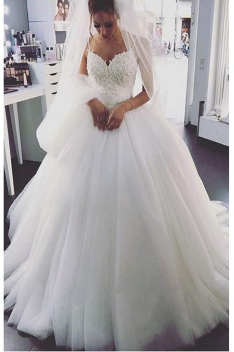 Spaghetti Straps Ball Gown White Wedding Dresses,Lace Up Bridal .