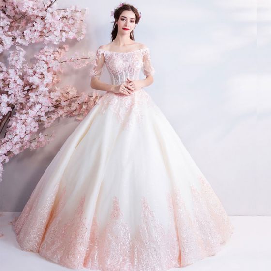 Affordable Champagne Pearl Pink Floor-Length / Long White Wedding .