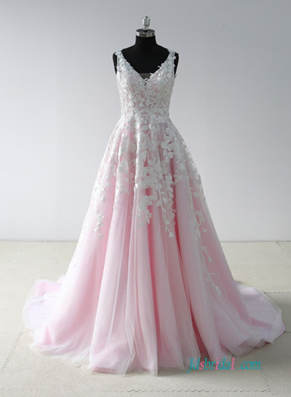 H0636 Pink and white colored wedding dress ball gown