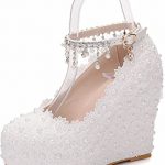 Amazon.com | Crystal Queen Wedges Pumps Heels White Lace Wedding .