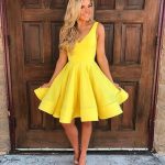 Cute yellow v neck short prom dress, yellow homecoming dress .