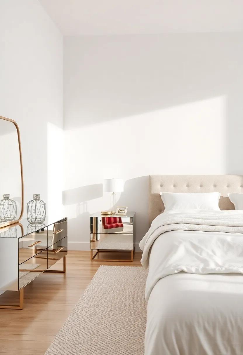 Utilize mirrored furniture to reflect light and make the bedroom feel more spacious and airy