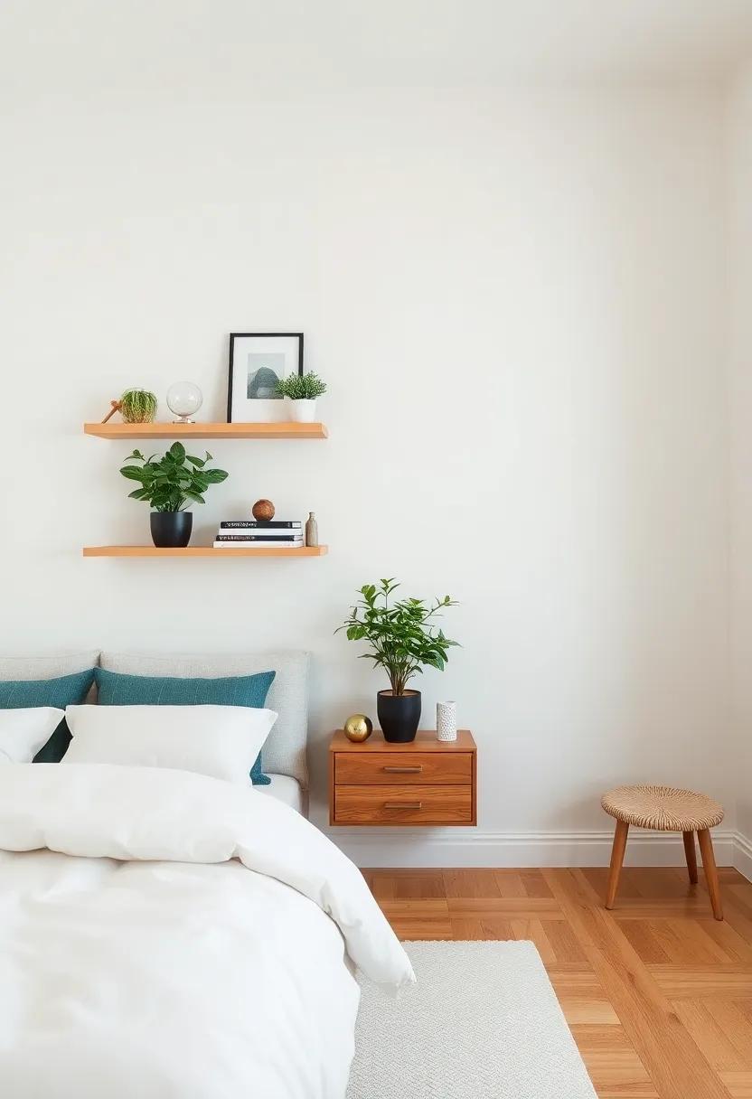 Opt for floating shelves to display curated decor items, books, or plants while keeping the floor space clear