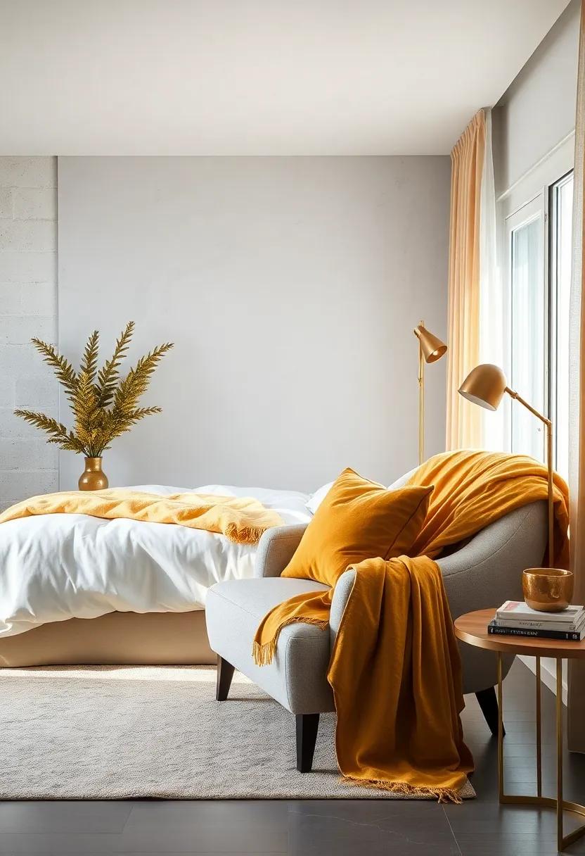 Craft a serene reading nook with a plush chair adorned with gold throw blankets and cushions