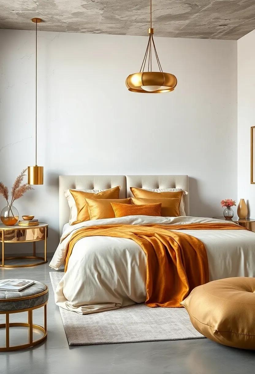 Layer gold-toned bedding‍ accessories, like throws and shams, for a plush and ​inviting bed setup