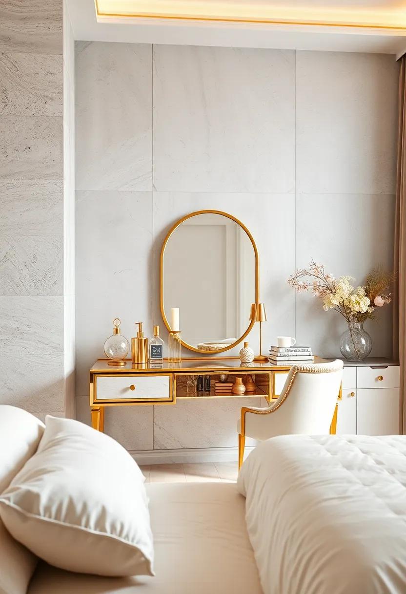 Style a gold-trimmed ⁢vanity⁣ table​ that ‍combines glamour with functionality,‌ perfect for beauty routines