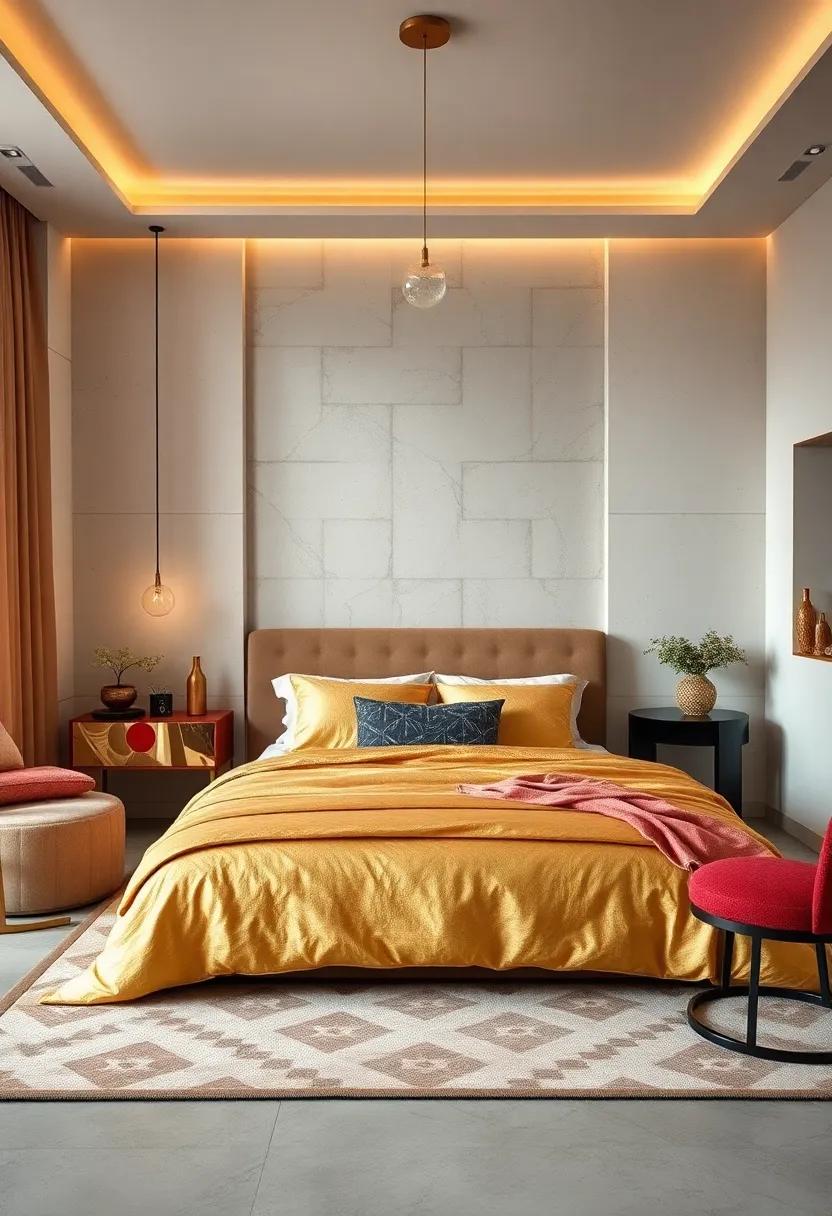 Consider using a⁢ luxurious gold bedspread or duvet cover to create a ‌cozy yet ​opulent ​focal point