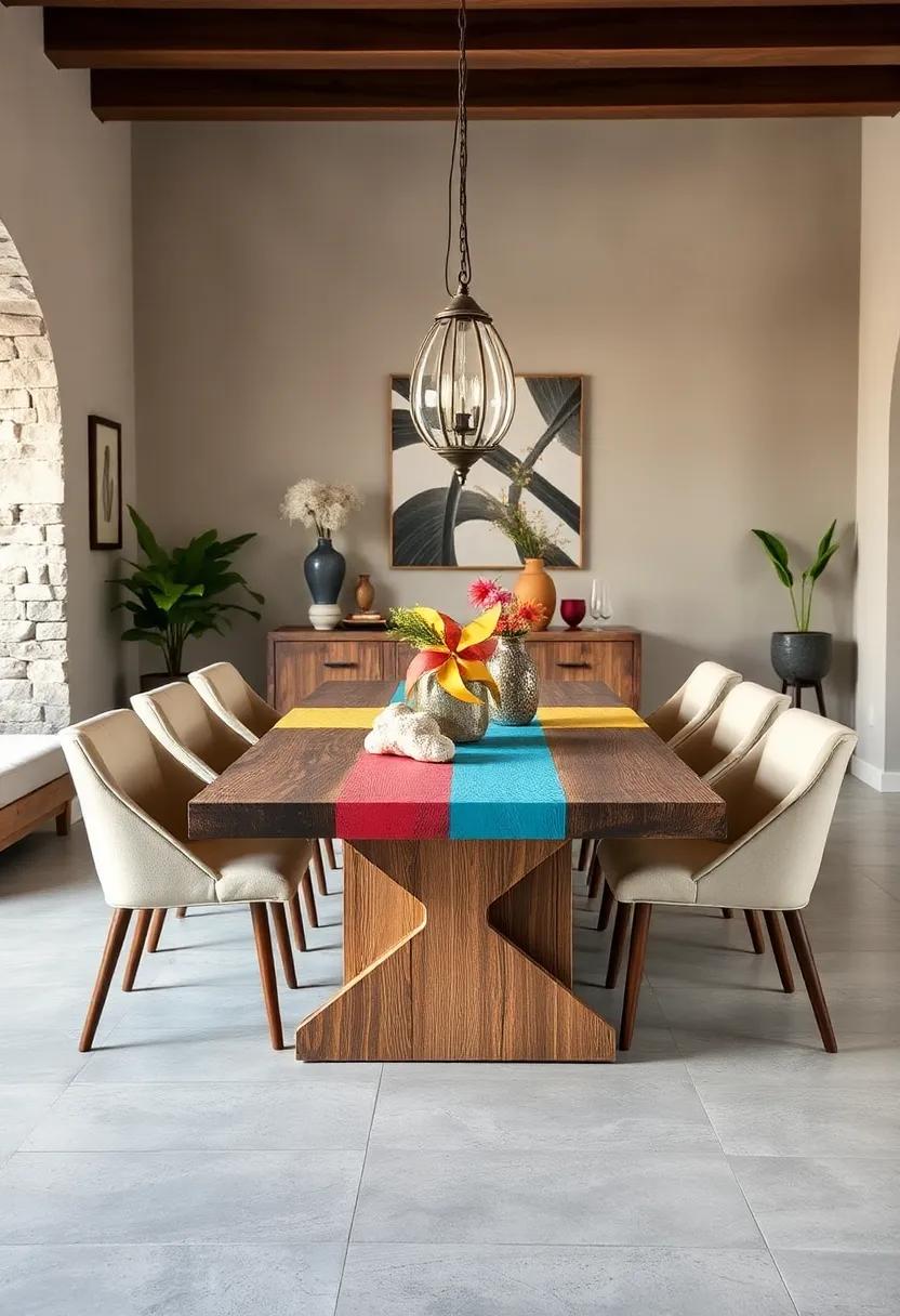 Colorful​ Pinwheel Motif: Experiment with a rustic table ⁣featuring painted⁤ sections in varying colors​ to create a⁢ pinwheel effect, bringing joy and vibrancy into your‌ dining area