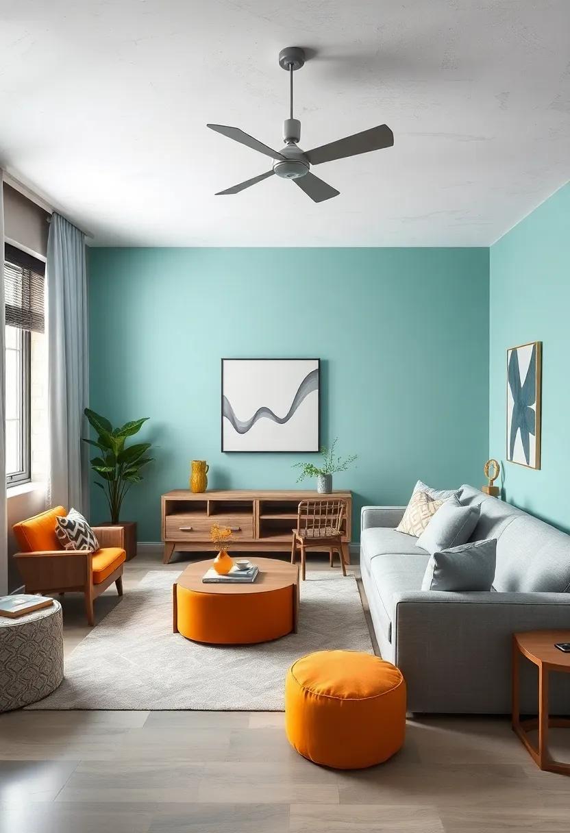 Pops of Color: Introduce splashes of contrasting colors, such as orange or yellow, in accessories to energize the aqua and grey palette