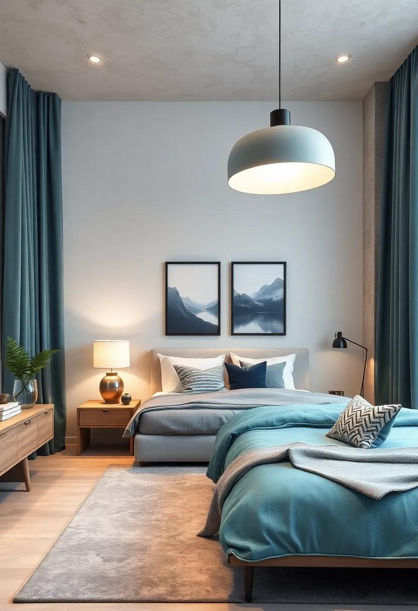 Cool Lighting Fixtures: Choose unique pendant lights or⁤ bedside lamps in aqua or grey tones​ that add a stylish focal point to the room