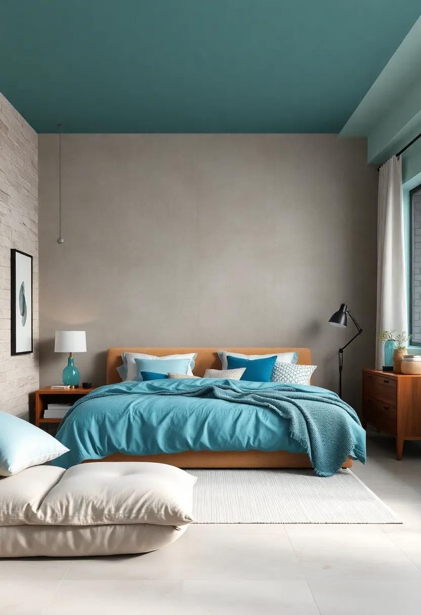 layered Textiles: Mix and match different textures of bedding, cushions, and throws in aqua and grey to create a cozy and inviting atmosphere