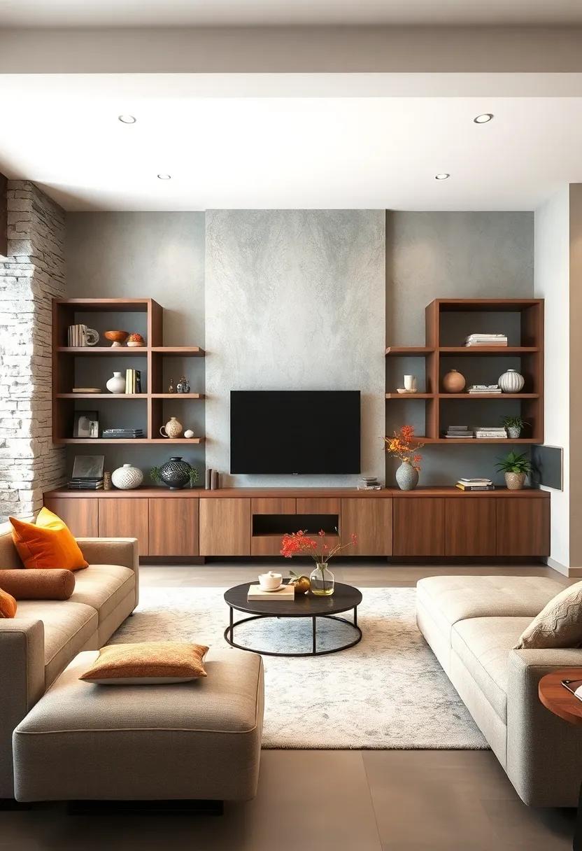 Open-Concept Marvel: Explore the sleek integration​ of open shelving and closed ​cabinets that provides a perfect balance of ​display‌ and storage while enhancing​ an ‌airy feel in your living room