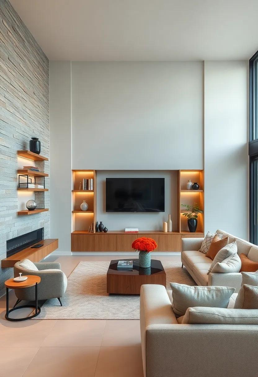 Contemporary Elegance:⁣ Get inspired by modern built-in cabinets with glossy finishes and LED lighting, turning your living ⁢room storage into a design statement