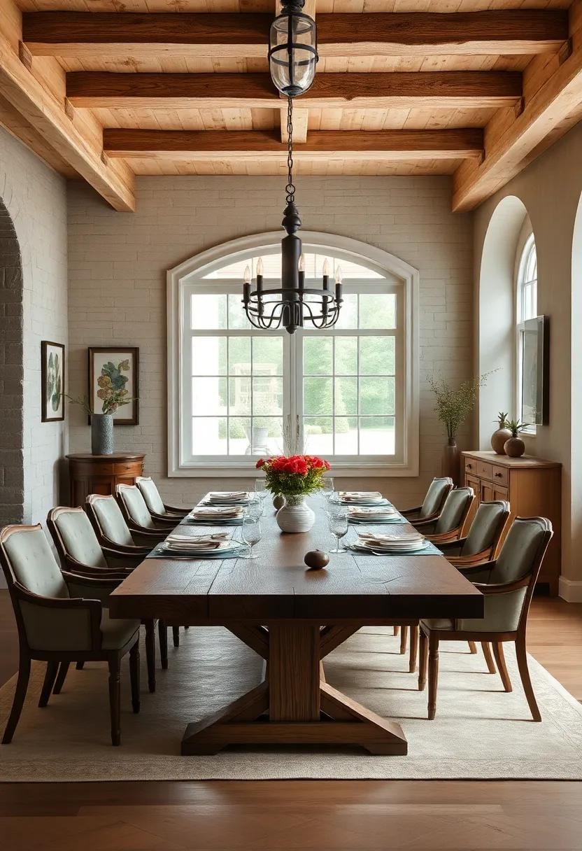 Farmhouse Table: A large, ​sturdy wooden table serves as ‌the‌ centerpiece, perfect for family gatherings and intimate dinners alike