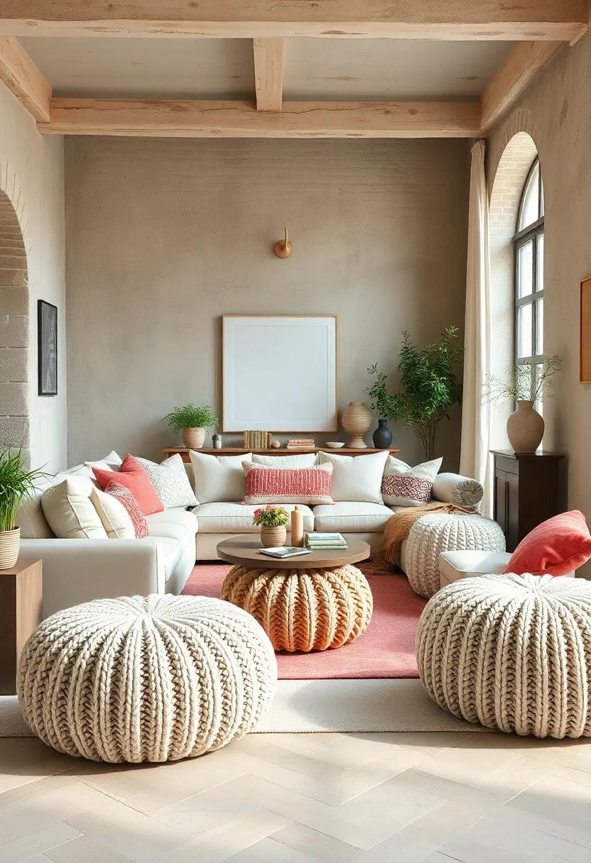 Creamy Textured Knitted Poufs: Use knitted poufs as‌ footrests or ⁤casual‌ seating, adding⁤ a cozy element to your living space