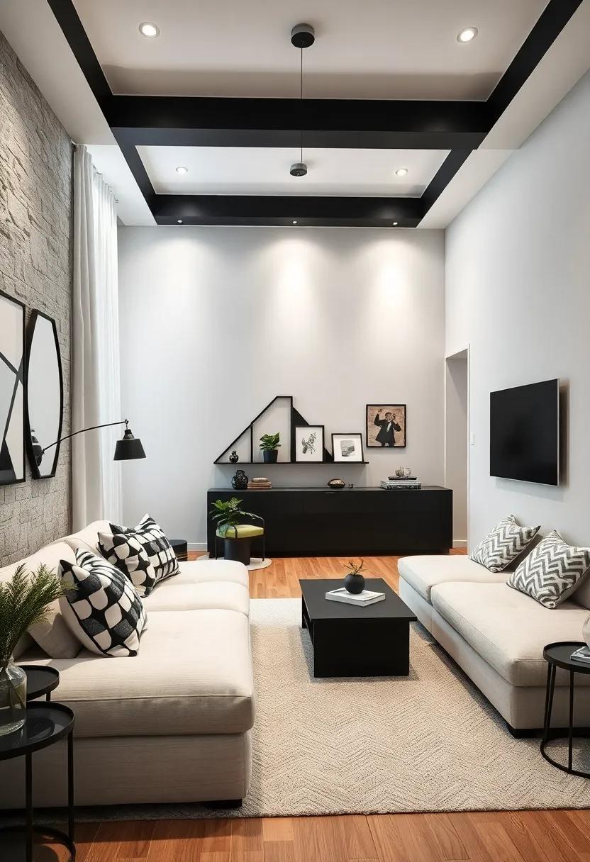 Black and White Contrast: Go for high-contrast black and white geometric elements that add drama and sophistication to the space