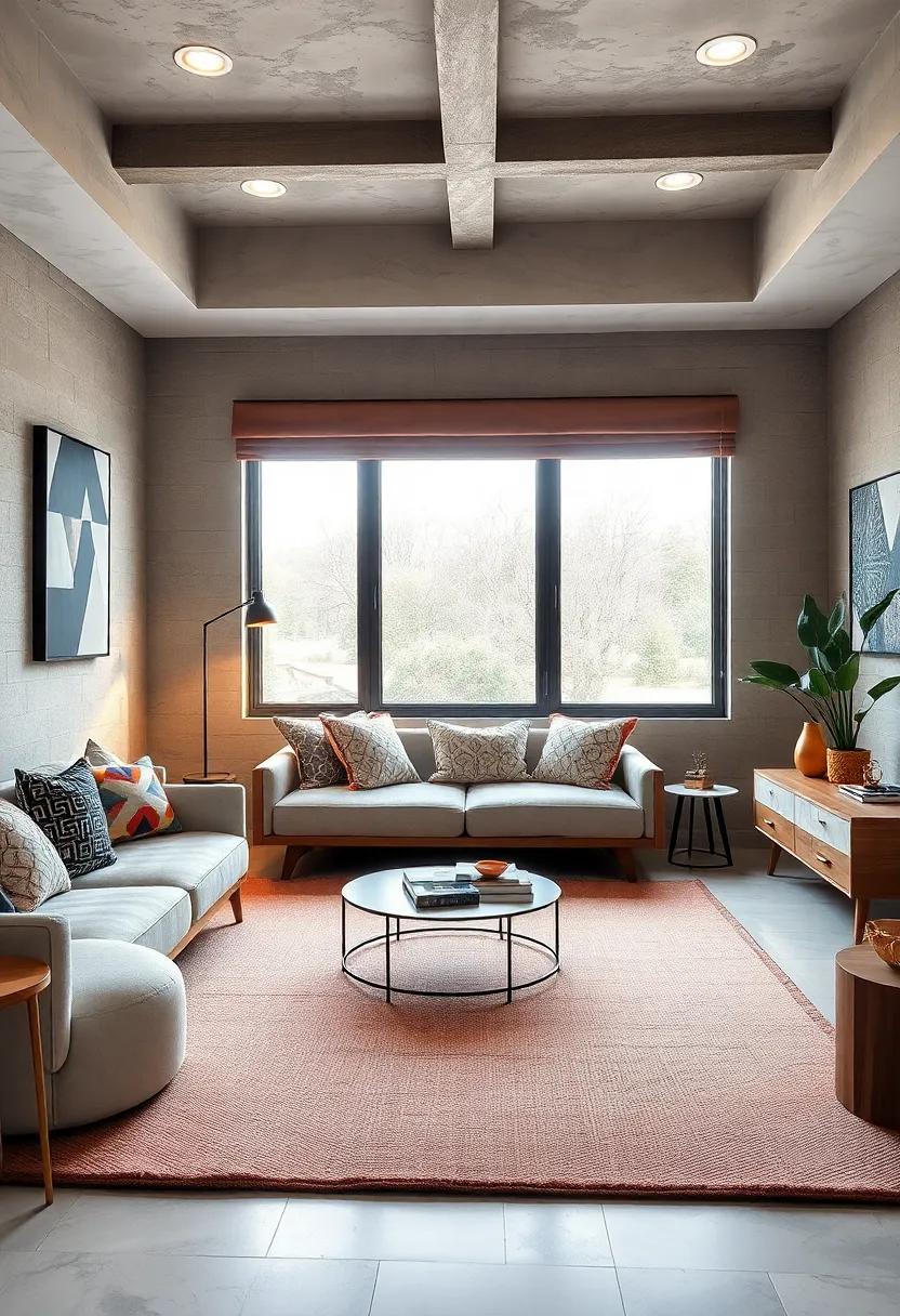 Layered textures: Combine different geometric textiles like rugs and throw pillows for an inviting and cozy atmosphere