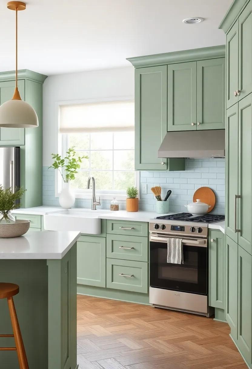 Embrace a Soft Sage: Discover the calming beauty of ⁤soft sage green cabinets paired with white countertops for a serene and airy kitchen atmosphere