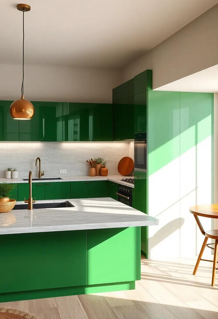 Glossy Luxe: Shine bright with glossy green cabinets that reflect light and create an illusion of space, making your kitchen feel larger and more open