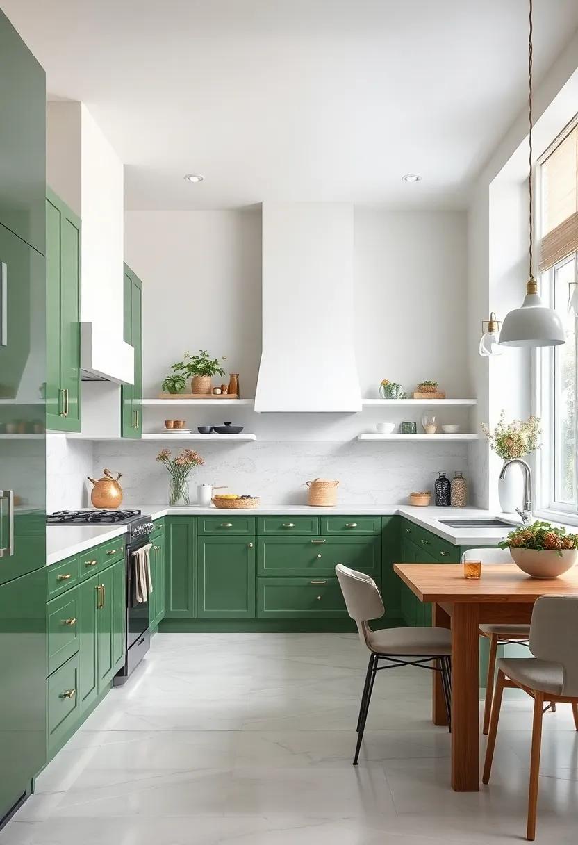 Glossy White Accents: Contrast glossy green cabinets with white accents and fixtures for a chic and contemporary kitchen that feels light and bright