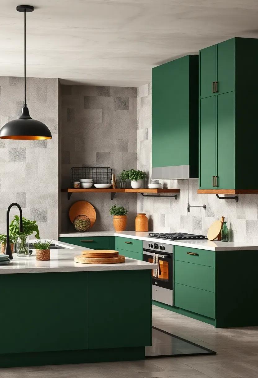 Industrial Edge: Combine green cabinets with raw materials like concrete and metal for an industrial kitchen that feels fresh and⁤ innovative