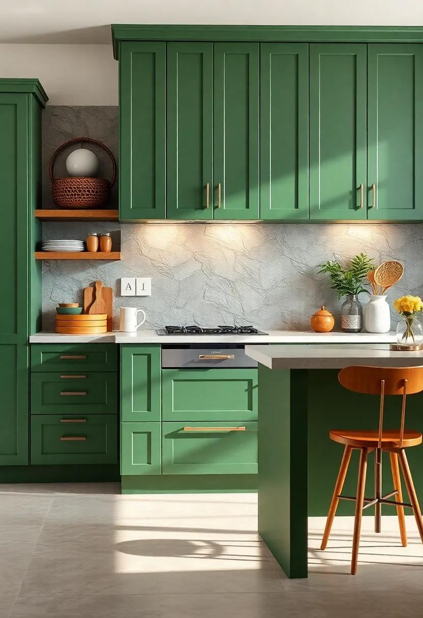 inspiring backsplashes: Pair bold green cabinets with inspiring backsplashes of ‌contrasting colors or materials as a fabulous focal point in your kitchen