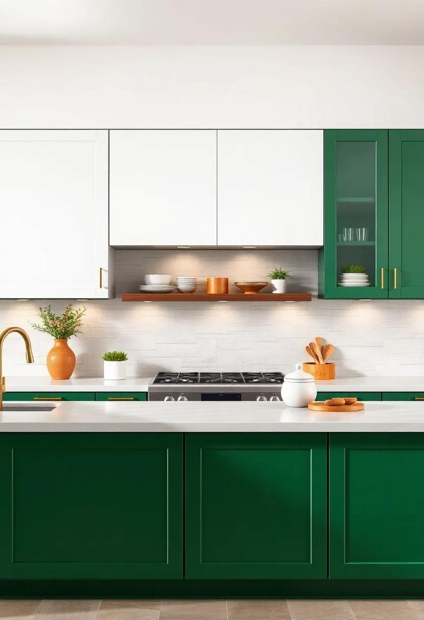 Two-Tone Delight: ‌Create visual interest with two-tone cabinets—pairing forest green lower cabinets with crisp white upper cabinets for a modern twist