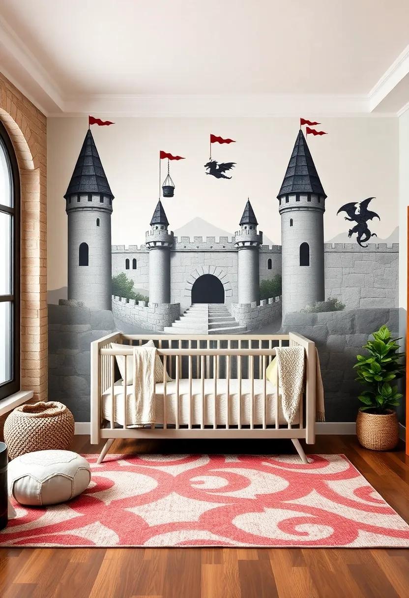 Medieval Castle⁣ Wall Decals: Transform the nursery walls into a⁤ grand castle with ⁢easy-to-apply wall decals⁤ featuring towers, knights, ⁣and dragons ⁤that inspire imagination