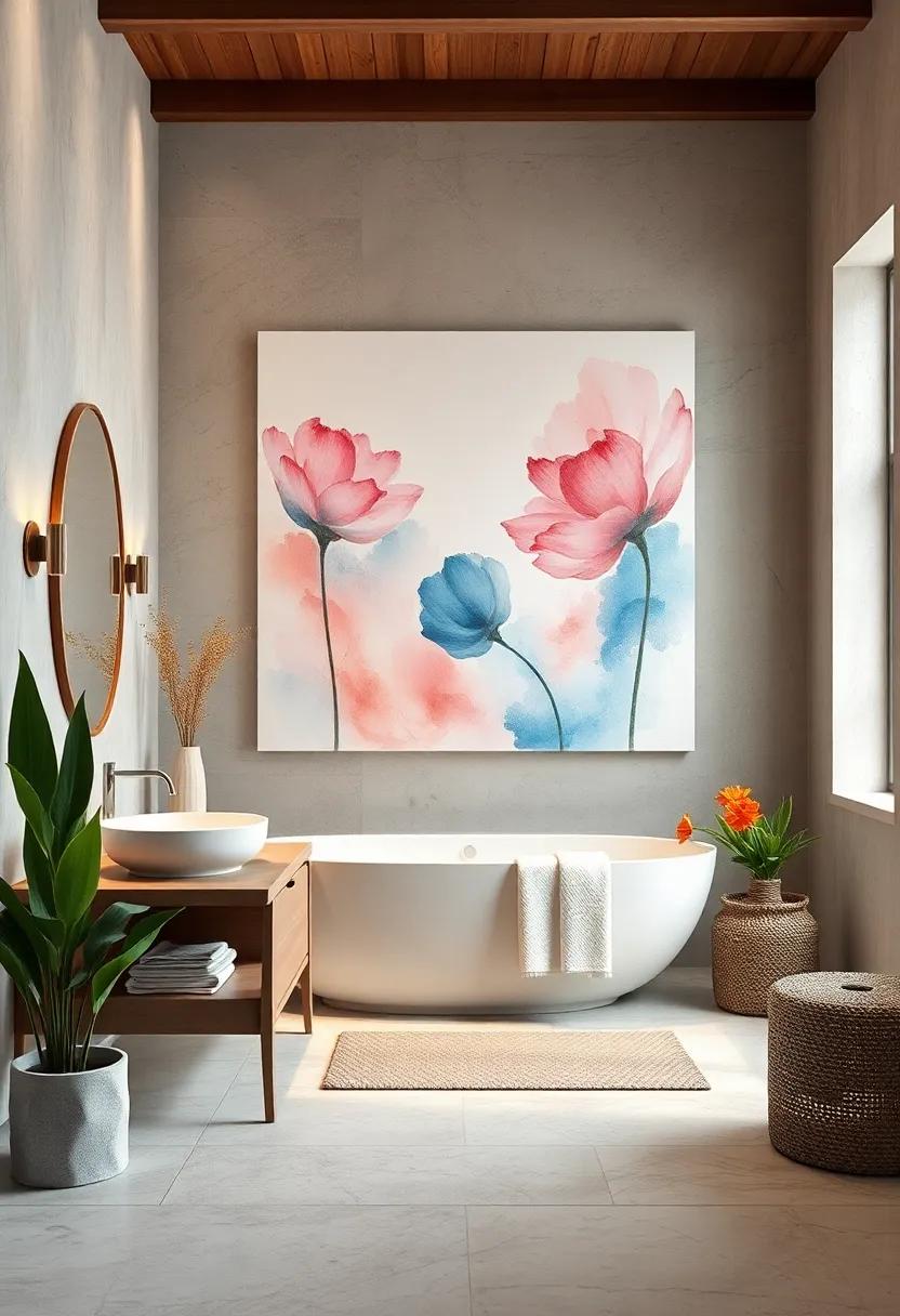 Watercolor Dreams: ‌Soft, dreamy ‍watercolor​ paintings can ⁤introduce​ a⁣ soothing color palette ‌and a sense of serenity to your bathroom
