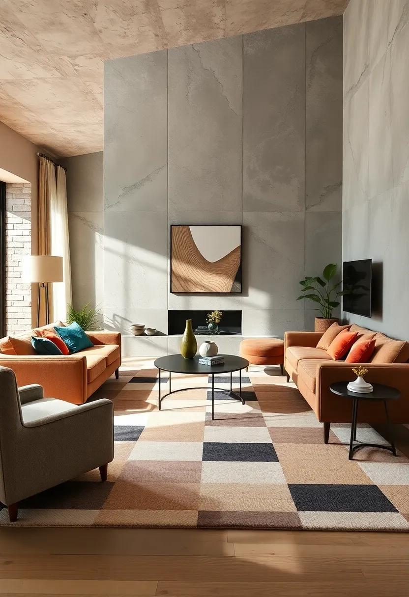 Geometric ⁣Perfection: ⁢A bold, geometric pattern ‌in muted tones that captures the essence of mid-century‌ modern design while adding a focal point to your living room