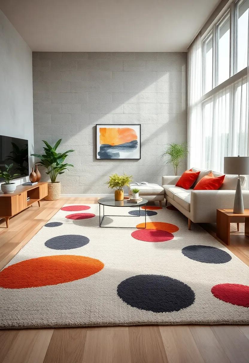 Playful Shapes: A⁢ rug sprinkled with playful⁣ abstract ​shapes that⁣ embody the spirit ⁢of mid-century modern​ art, making‍ a quirky ⁢yet ⁣stylish ‍addition to your living room