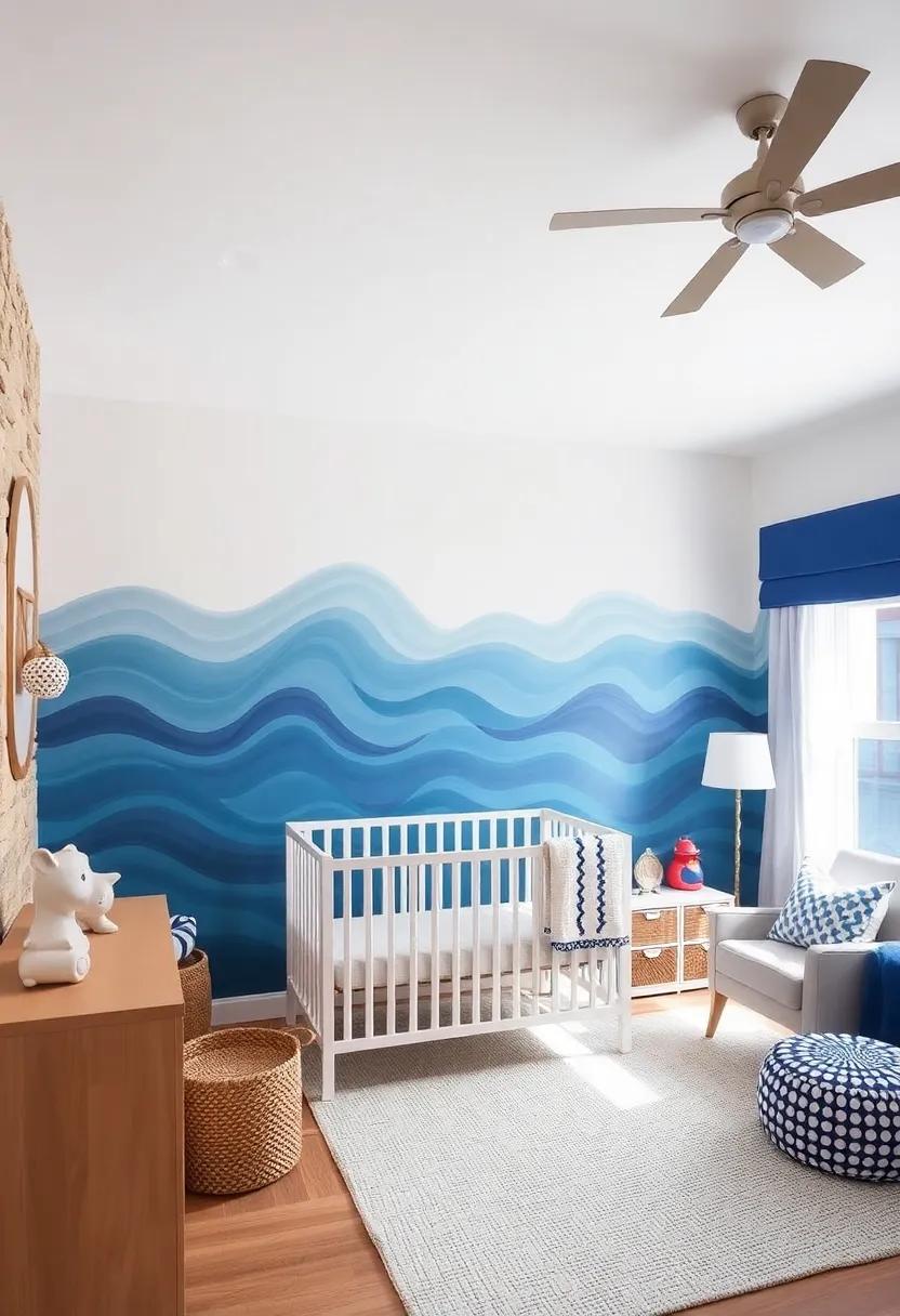 Ocean Wave Paint Technique - ​Try ‌a paint technique ​on one​ wall ⁣to​ mimic ⁤the look of ocean waves, adding depth and ⁢movement to the‌ nursery