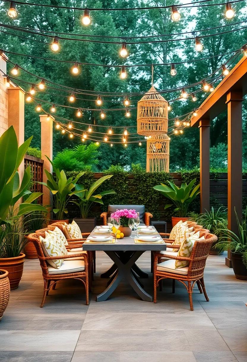 Texture play:‍ mix string lights with natural⁢ textures like‍ macramé hangings or wicker to create⁣ a unique and inviting dining atmosphere on your ‍patio
