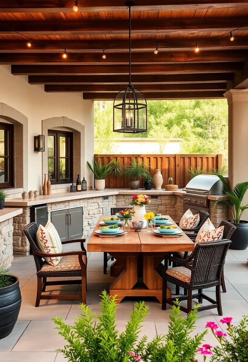 Explore a rustic farmhouse-inspired patio complete with a‍ wooden⁤ dining table, stone ⁢grill, ‌and ample⁤ space for enjoying hearty meals in a cozy ​setting