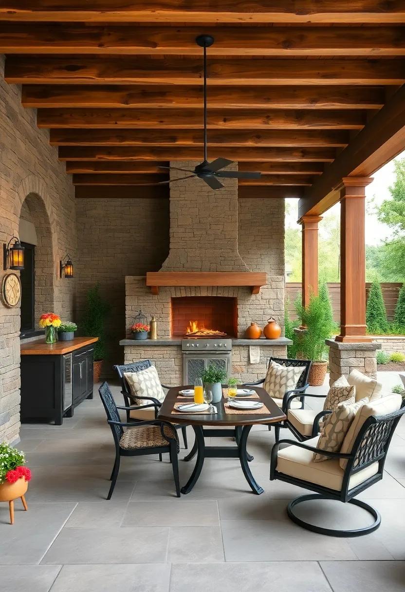 Relish the rustic warmth ​of a ⁢log ​cabin-themed patio with⁢ wooden​ beams,‍ a ⁣stone fireplace, and plenty of seating for enjoying a hearty barbecue feast