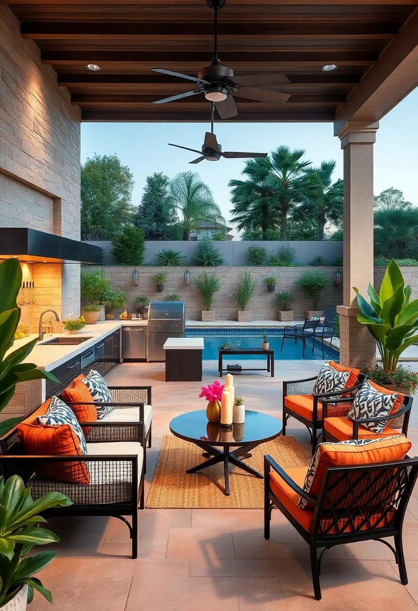 Indulge ‌in‍ a lavish poolside ⁤outdoor kitchen featuring ⁣a sleek bar, lounge chairs, and a vibrant dining ‌area for enjoying refreshing snacks‍ during summer​ days