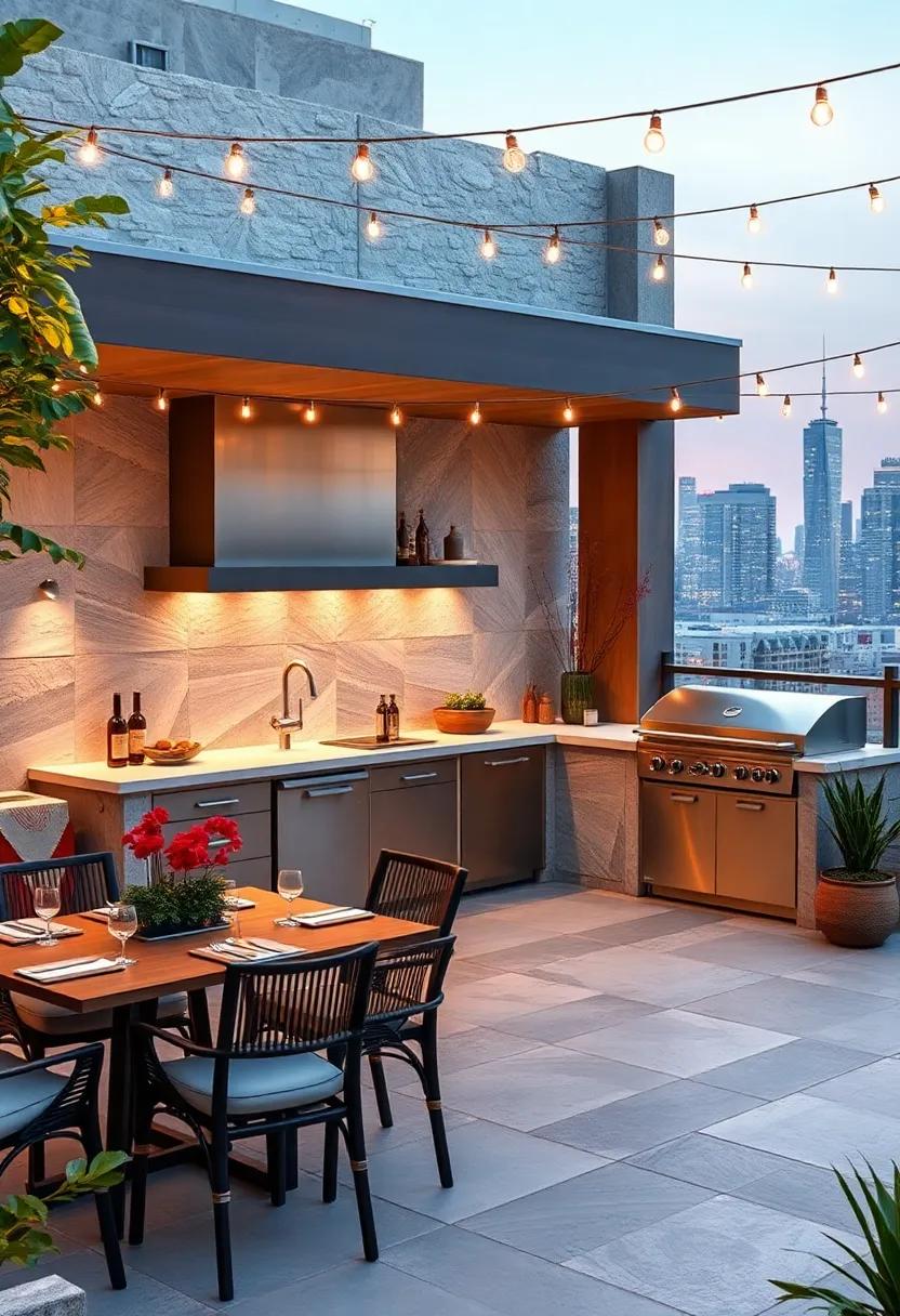 Delight in a chic rooftop outdoor kitchen adorned with twinkling lights⁣ and ⁤a panoramic city view, elevating ‍your al fresco ‍dining ⁣experience to new‍ heights