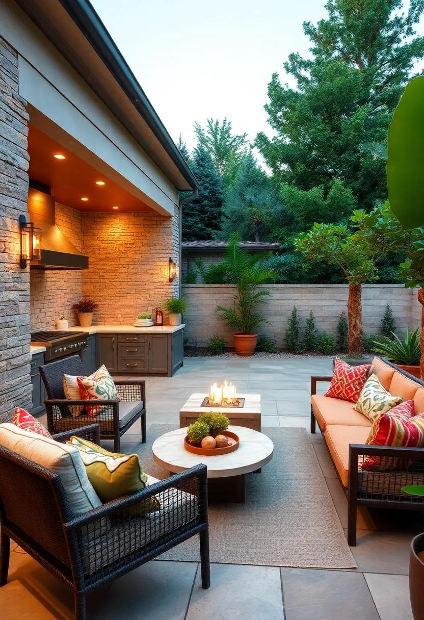 Revel ⁢in‌ the luxurious appeal of a contemporary ⁣outdoor kitchen paired‌ with a lavish dining area that boasts plush​ seating‍ and ‍fire features for‍ cooler ‌evenings