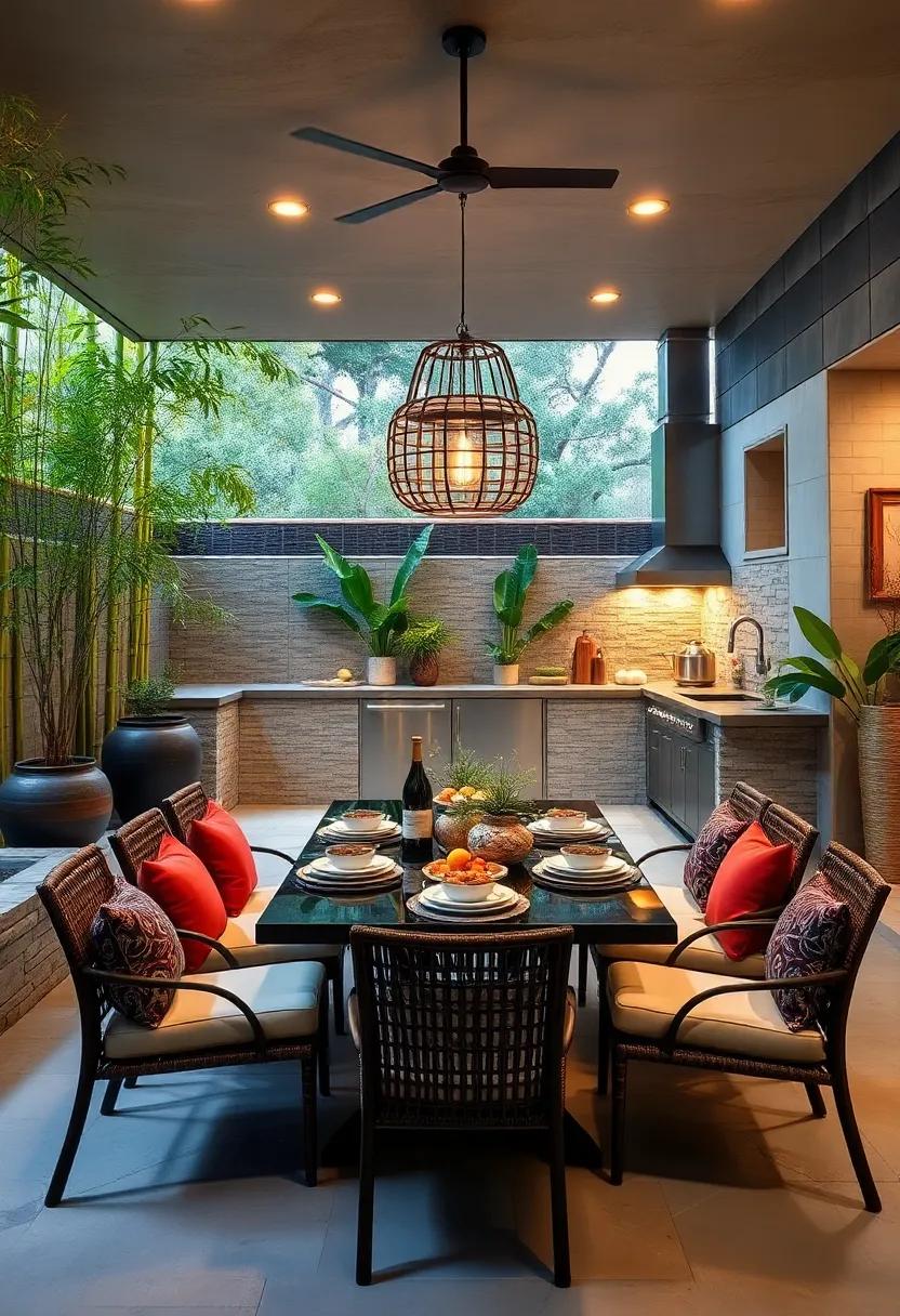 Find⁢ relaxation in ​an Asian-inspired outdoor kitchen surrounded ⁣by⁢ bamboo, water features, ‌and a serene dining area that invites you⁤ to savor harmonious flavors