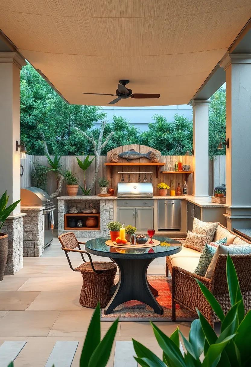 Experience the allure of a ⁣coastal⁢ retreat​ with a fish-themed ‌outdoor kitchen and weathered wood accents, perfect ⁢for relaxing meals with an ocean ​breeze