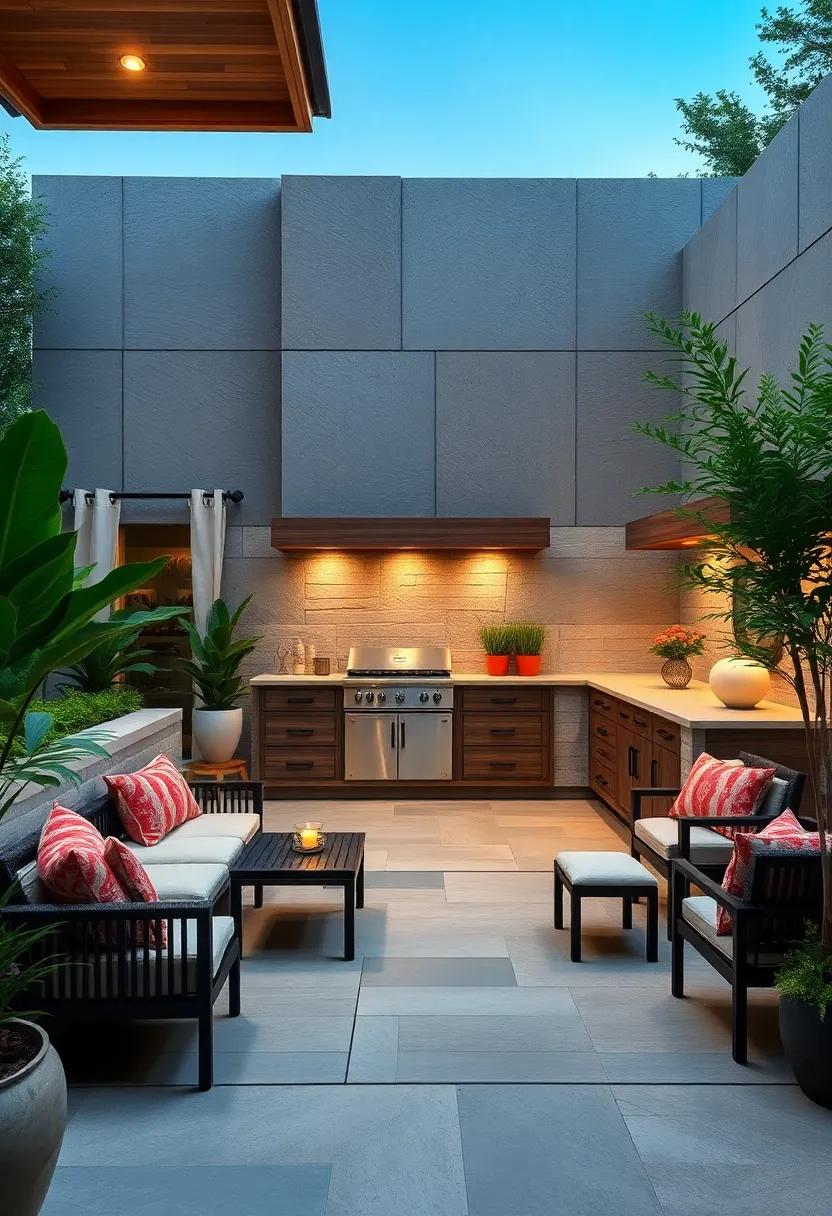 enjoy the tranquil atmosphere of a Zen-inspired outdoor kitchen with natural⁤ stone features,⁤ calming water elements, and an intimate dining nook for peaceful meals