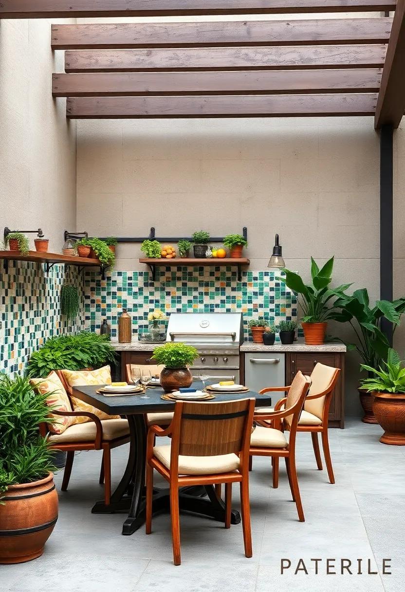 Step into a vibrant urban escape that⁣ showcases a colorful mosaic backsplash and urban garden, creating a lively dining area ⁢filled with fresh herbs and vegetables