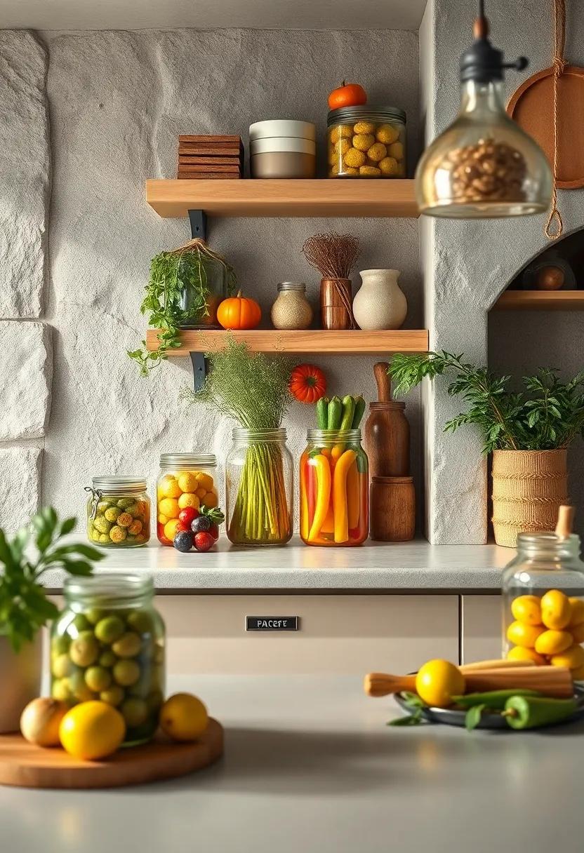 Fermenting Jar Art: Create visual interest⁣ by showcasing colorful fermenting jars filled with seasonal⁣ vegetables on​ a⁣ countertop or open shelf