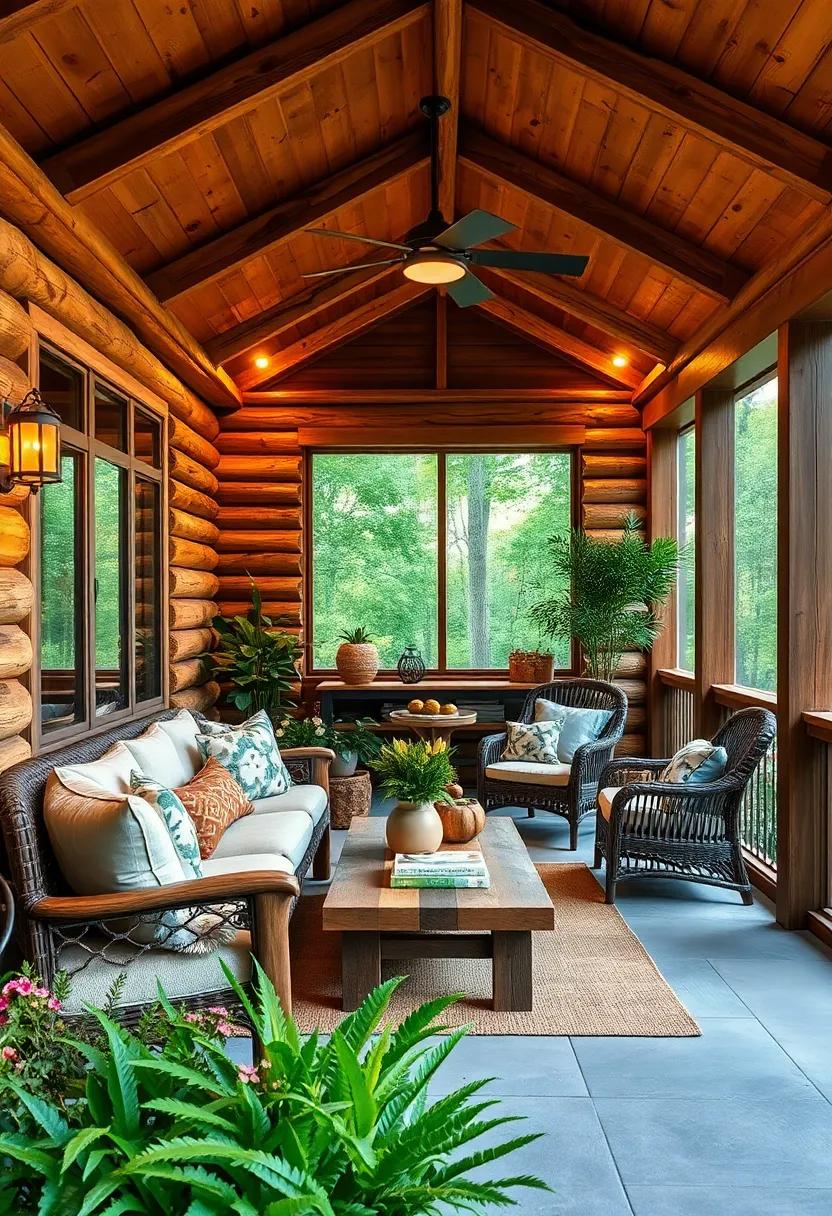 Cozy cabin Retreat: Incorporate log furniture and reclaimed​ wood accents for an authentic cabin vibe on your screened porch